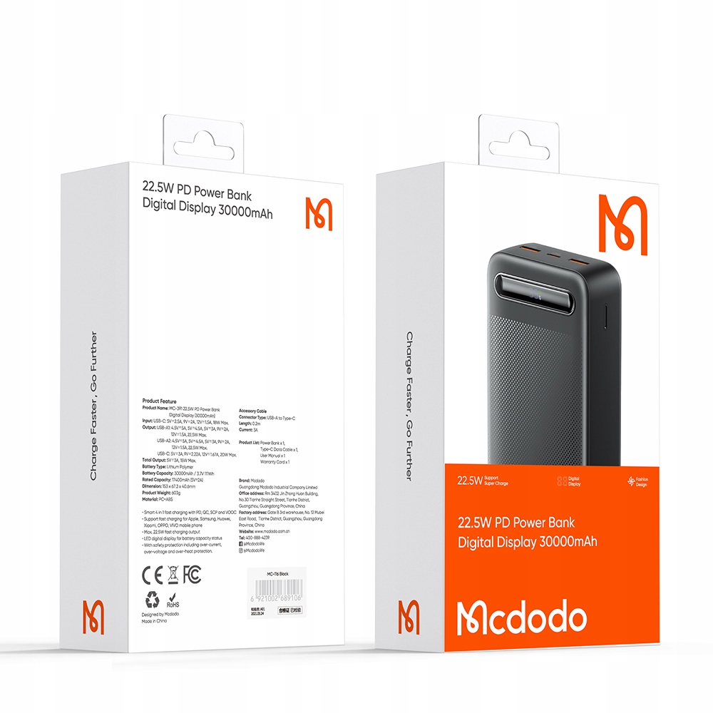 MCDODO Powerbank 30000mAh z wyświetlaczem, 3x USB, USB-C, 22,5W