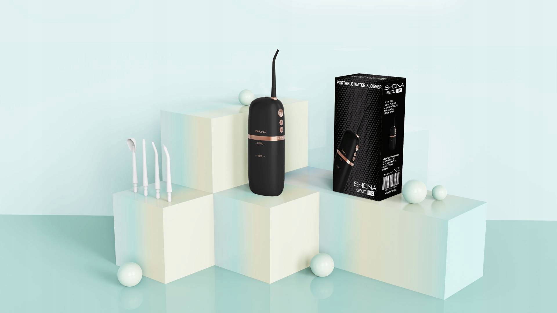 Bezprzewodowy irygator do zębów SHONA S200 PRO z etui i 4 końcówkami