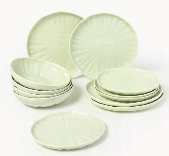 Komplet naczyń z porcelany z reliefem Sali, dla 4 osób 12elem Jasny zielony