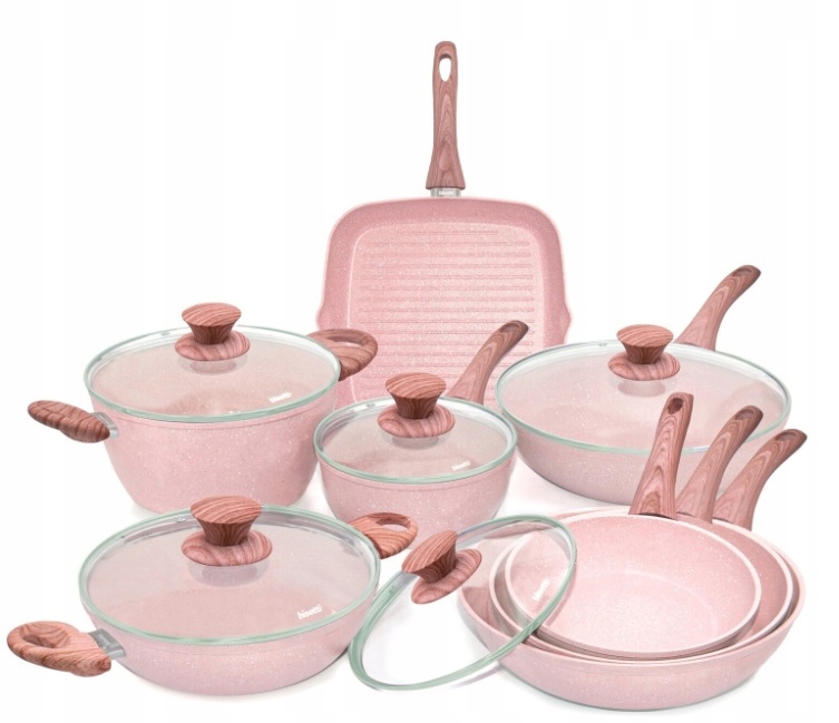 Zestaw garnków 13 elementów efekt granitu różowy uchwyt stalowy Stonerose