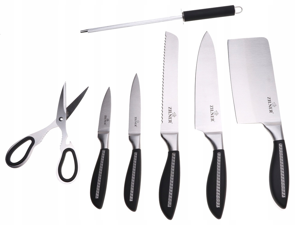 NOŻE Zestaw Komplet NOŻY Kuchennych Na Stojaku OSTRZAŁKA Nożyce Tasak 5096