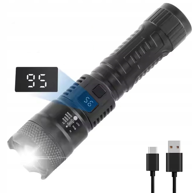 LATARKA LED MOCNA Z Wyświetlaczem Taktyczna MOCNA USB ZOOM A6635