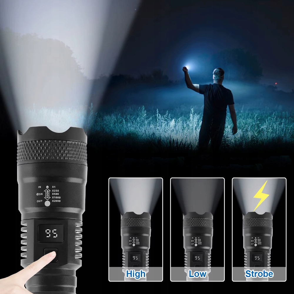 LATARKA LED MOCNA Z Wyświetlaczem Taktyczna MOCNA USB ZOOM A6635