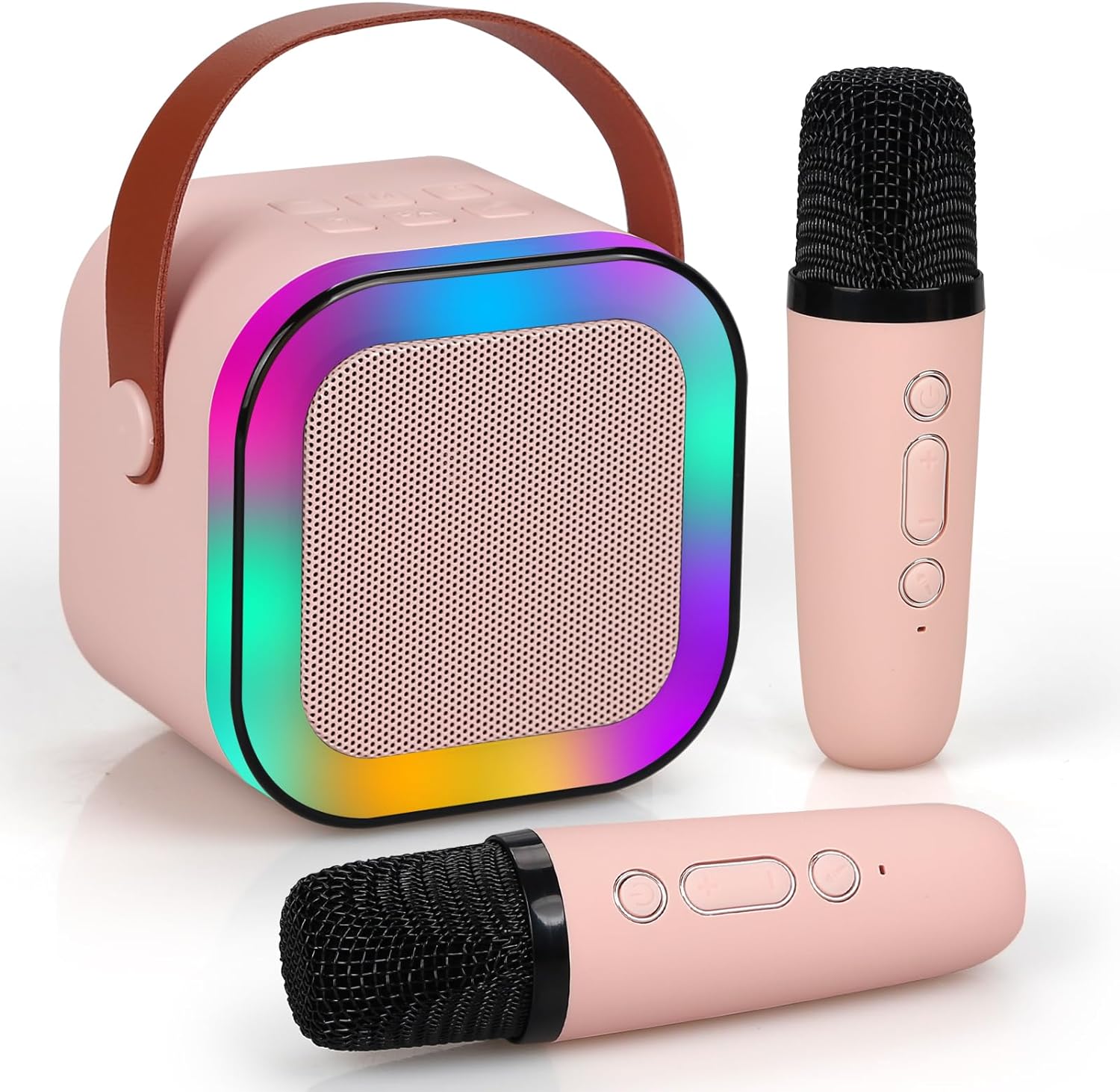 Set Mini Karaoke cu 2 Microfoane si Boxa Bluetooth, DDOO, Bej/Roz