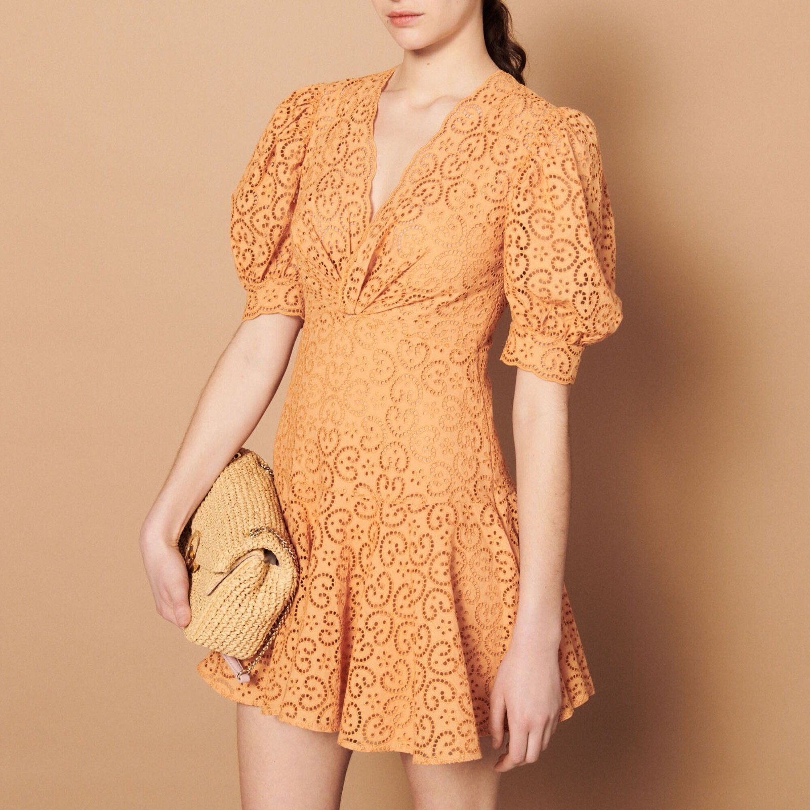 sandro paris orange dress SANDRO ROMA KNIT MIDI DRESS - ORANGE