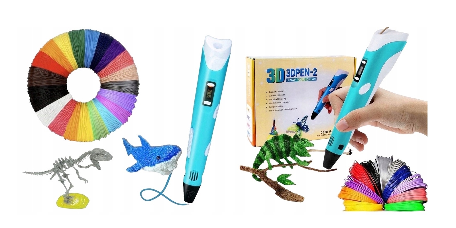 3D rašiklis 3d PEN spausdintuvas XXL rinkinys Mėlynas su papildymais, siūlais, trafaretais