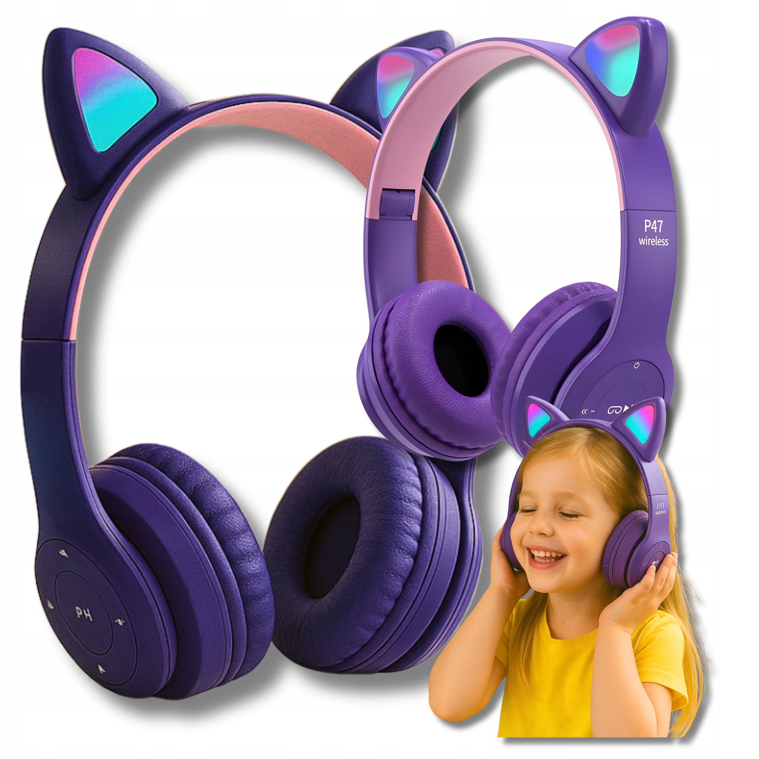 „Bluetooth“ ausinės ant ausies, katės ausys, RGB LED, belaidės, VAIKAMS