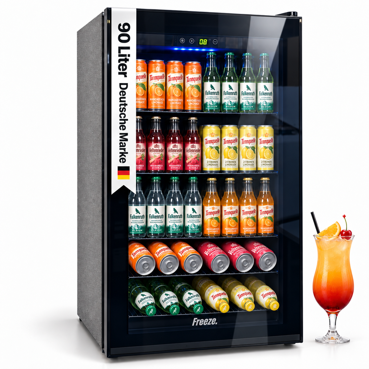 Freeze. ninetyB 90L Getränkekühlschrank mit Vollglas-Tür, Mini Kühlschrank für 126 Dosen mit verstellbaren Regalen, Weinkühler für Zuhause, Bar & Büro, Schwarz