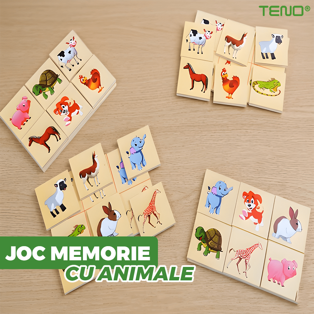 Joc Educativ de Asociere Teno®, 24 piese, din lemn, cu animale, modele distractive, culori non-toxice, materiale sigure, multicolor