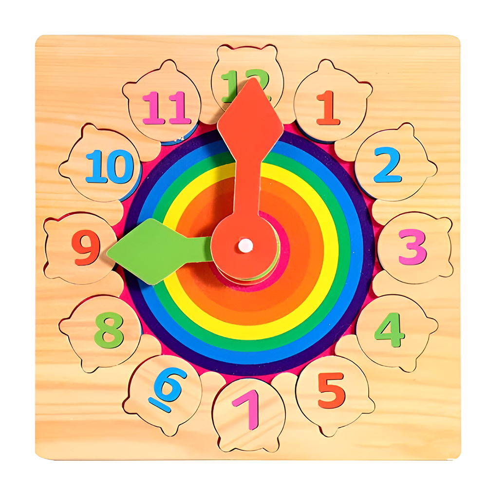 Ceas Educativ din Lemn Teno®, cifre detasabile, imagini ascunse cu animale, ace de ceasornic rotative, culorile curcubelui, +3 ani, multicolor