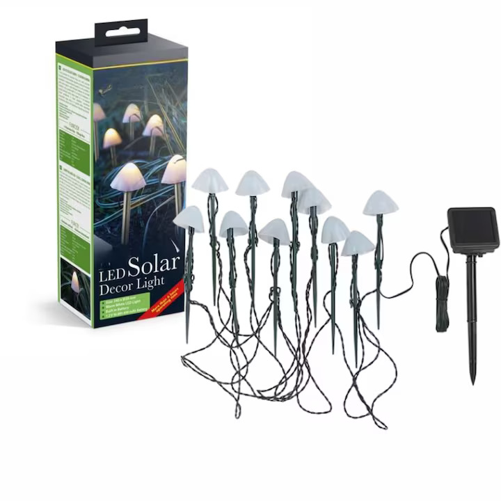 Set 10 lumini solare de gradina Macvi®, LED, alb cald, 5m, rezistente la apa, design tip ciuperci