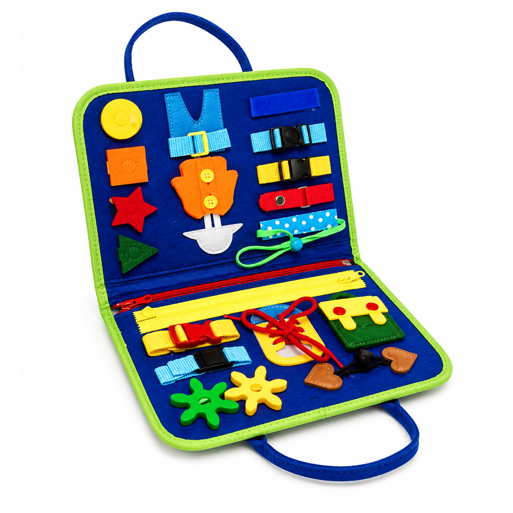 Carte Educativa cu Activitati Montessori Teno®, activitati senzoriale interactive, dezvoltarea abilitatilor motrice si atentiei, carte, mapa, tip gentuta cu multiple activitati, albastru
