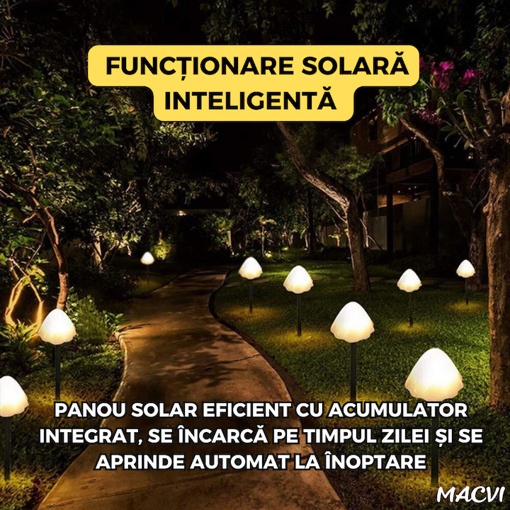 Set 10 lumini solare de gradina Macvi®, LED, alb cald, 5m, rezistente la apa, design tip ciuperci