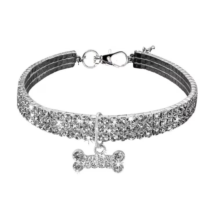 Zgarda pentru caini de talie mica Macvi® cu cristale stralucitoare, design elegant, ajustabila, argintiu