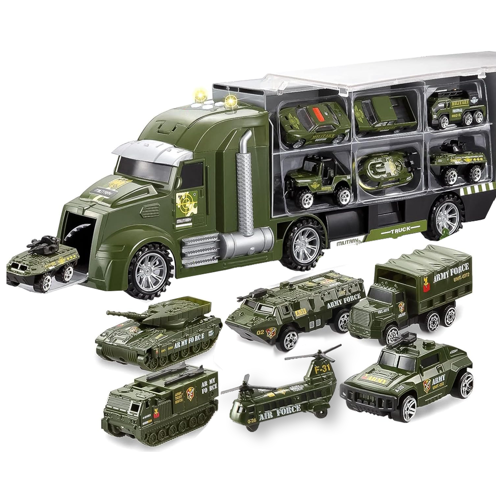 Set Camion Trailer de Jucarie pentru Transport Teno®, seria armata, 6 masinute incluse, tanc, masini blindate, accesorii mobile, lansator si rampa frontala, platforma tractare, verde