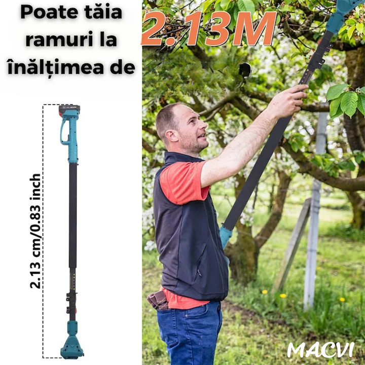 Set Macvi® Foarfeca Electrica si Drujba cu Brat Extensibil, Taiere Rapida si Usoara la Inaltime, Acumulator Inclus