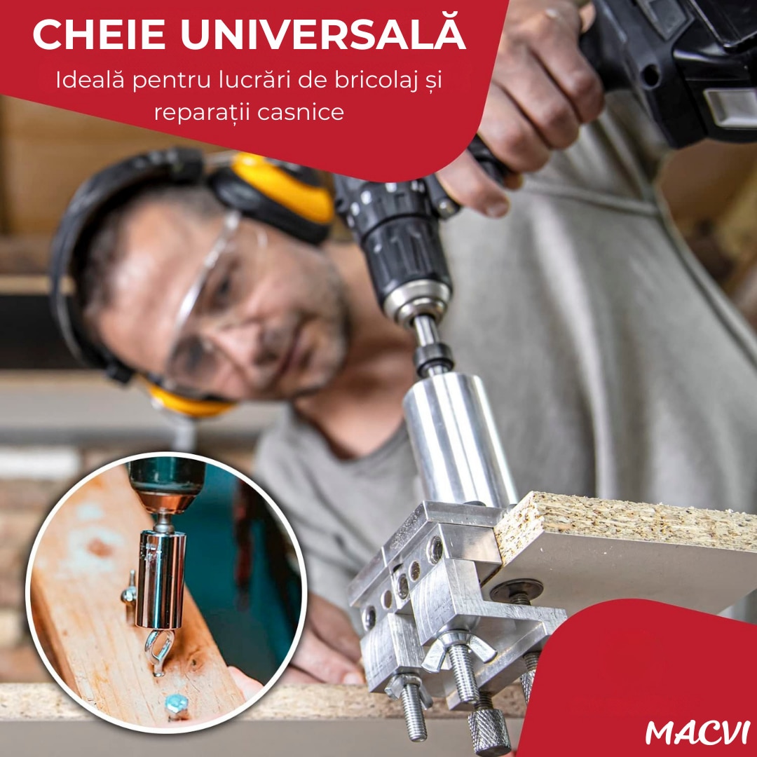 Adaptor cheie universala Macvi® 7-19 mm cu pini metalici ajustabili cap tubular multifunctional din otel aliat pentru bormasina si clichet, prindere ferma pe suruburi uzate