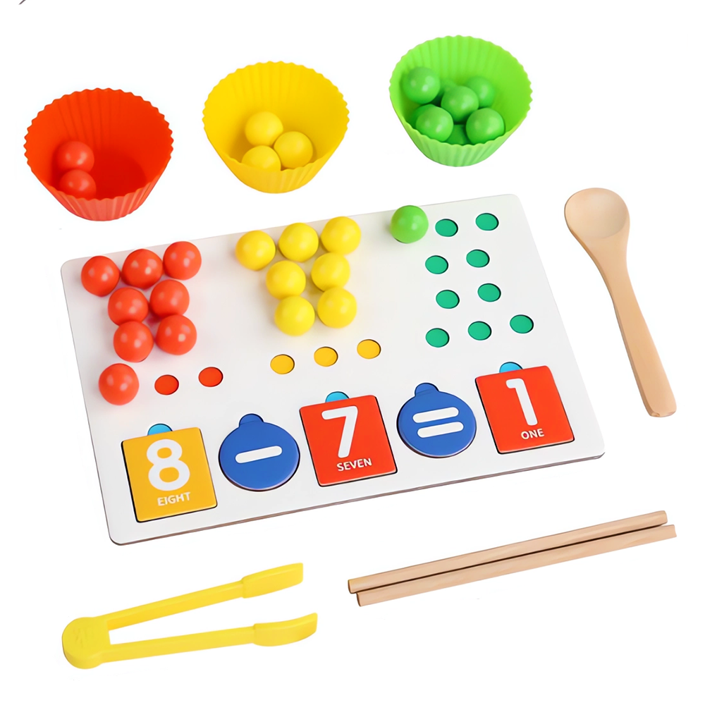 Jucarie Educativa Montessori din Lemn Teno®, joc aritmetic si de sortare, invatarea operatiilor matematice, dezvolta dexteritatea/coordonarea mana-ochi, accesorii incluse, multicolor