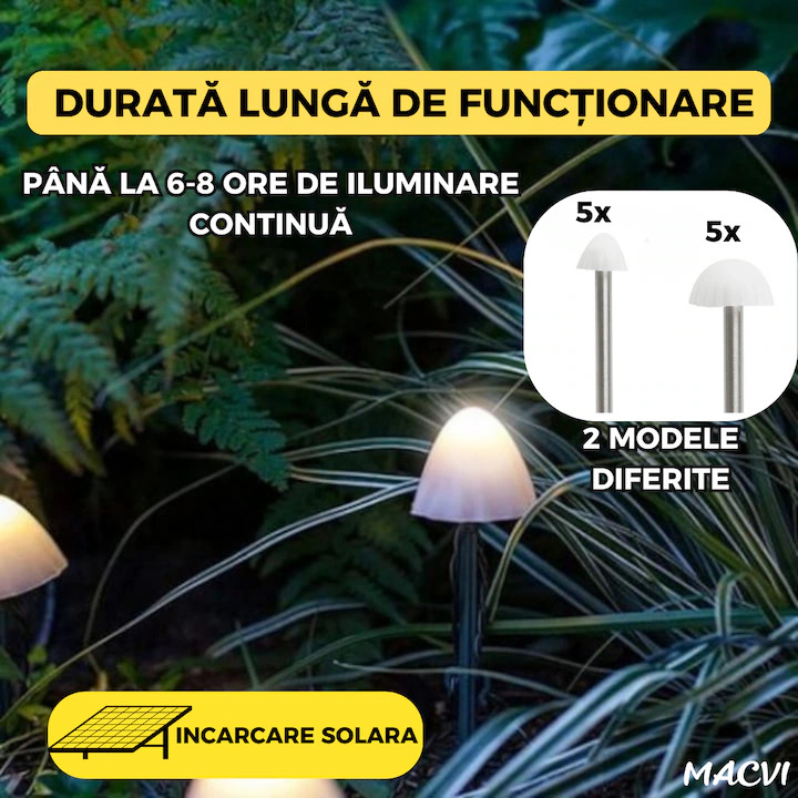Set 10 lumini solare de gradina Macvi®, LED, alb cald, 5m, rezistente la apa, design tip ciuperci