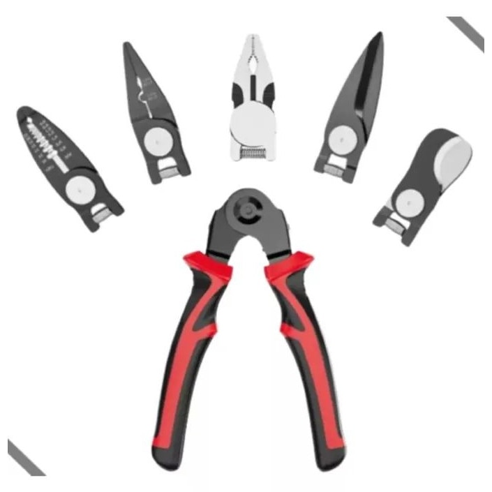 Set 5 in 1 patent multifunctional Macvi®, din otel, taietor cablu, dezizolator, cleste, sertizare, taietor, foarfeca, cu husa de depozitare, maner anticurentare si design ergonomic