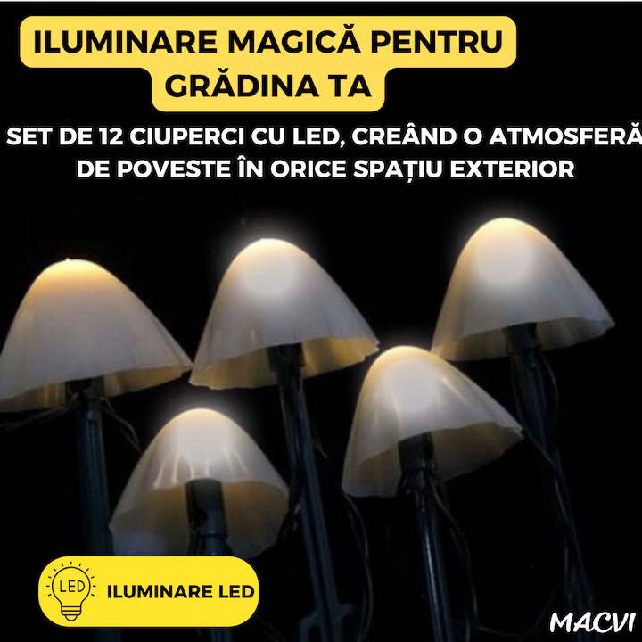 Set 10 lumini solare de gradina Macvi®, LED, alb cald, 5m, rezistente la apa, design tip ciuperci