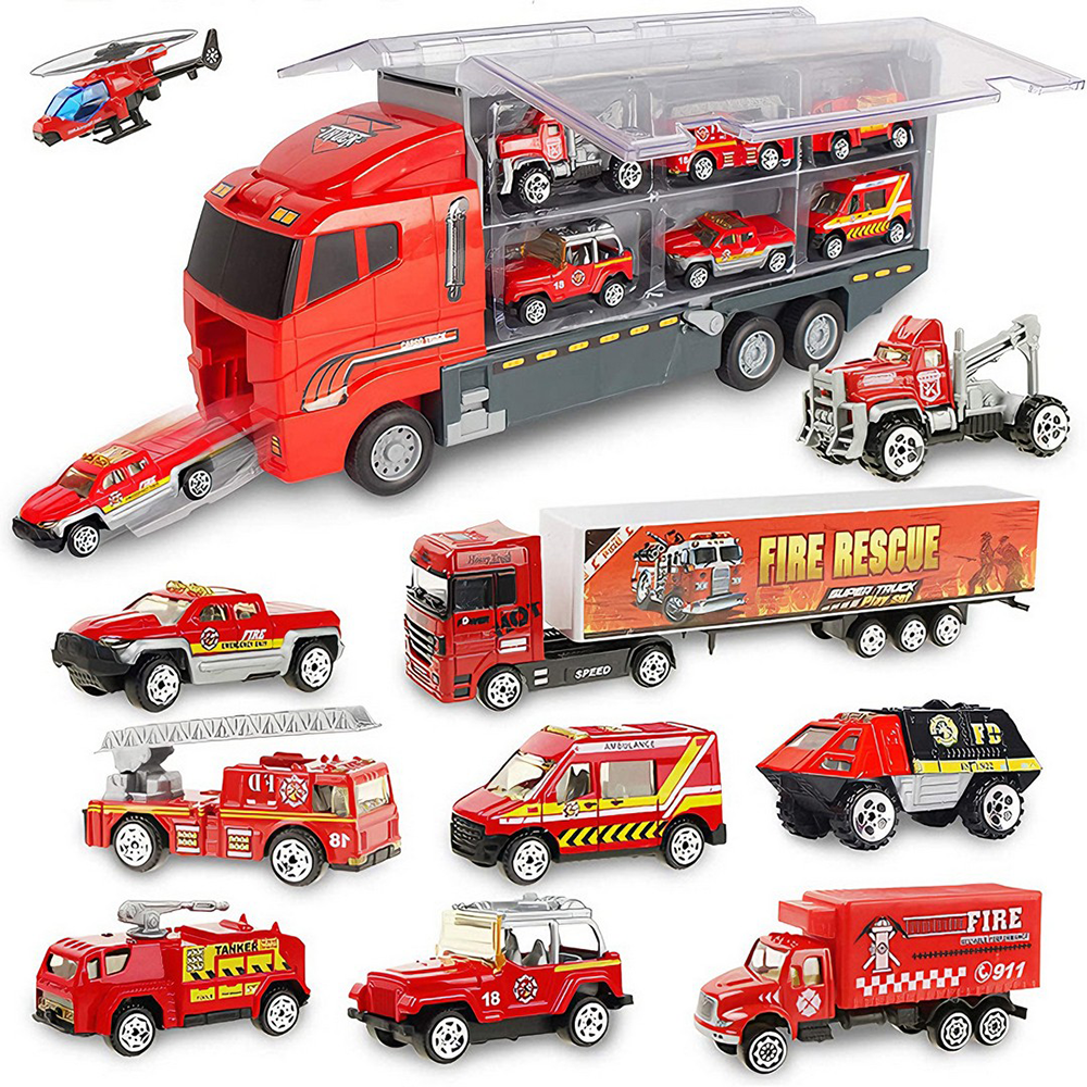 Set Camion Trailer de Jucarie pentru Transport Teno®, seria pompieri, 10 masinute incluse, ambulanta, utilaje, tir, accesorii mobile, lansator si rampa frontala, platforma tractare, rosu