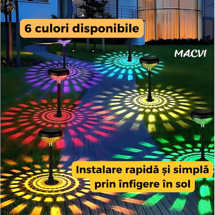 Set 2 Lampi Solare Macvi® Floarea-Soarelui Decor Gradina, LED RGB Multicolor, Alimentare Solara, Rezistente la Intemperii, Instalare Usoara
