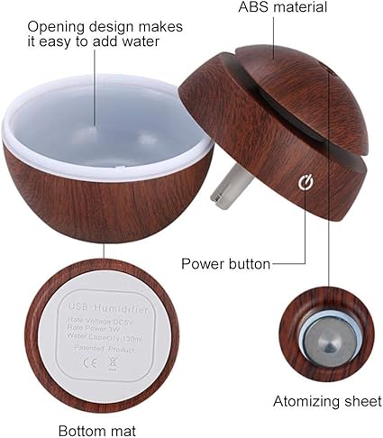 Difuzor Aromaterapie Umidificator Macvi® UM-06,  cu 7 Culori LED, USB, 130 ml, Rotund, Maro