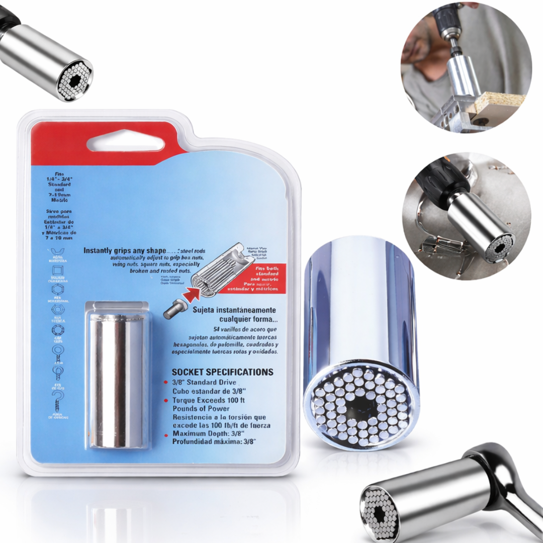 Adaptor cheie universala Macvi® 7-19 mm cu pini metalici ajustabili cap tubular multifunctional din otel aliat pentru bormasina si clichet, prindere ferma pe suruburi uzate