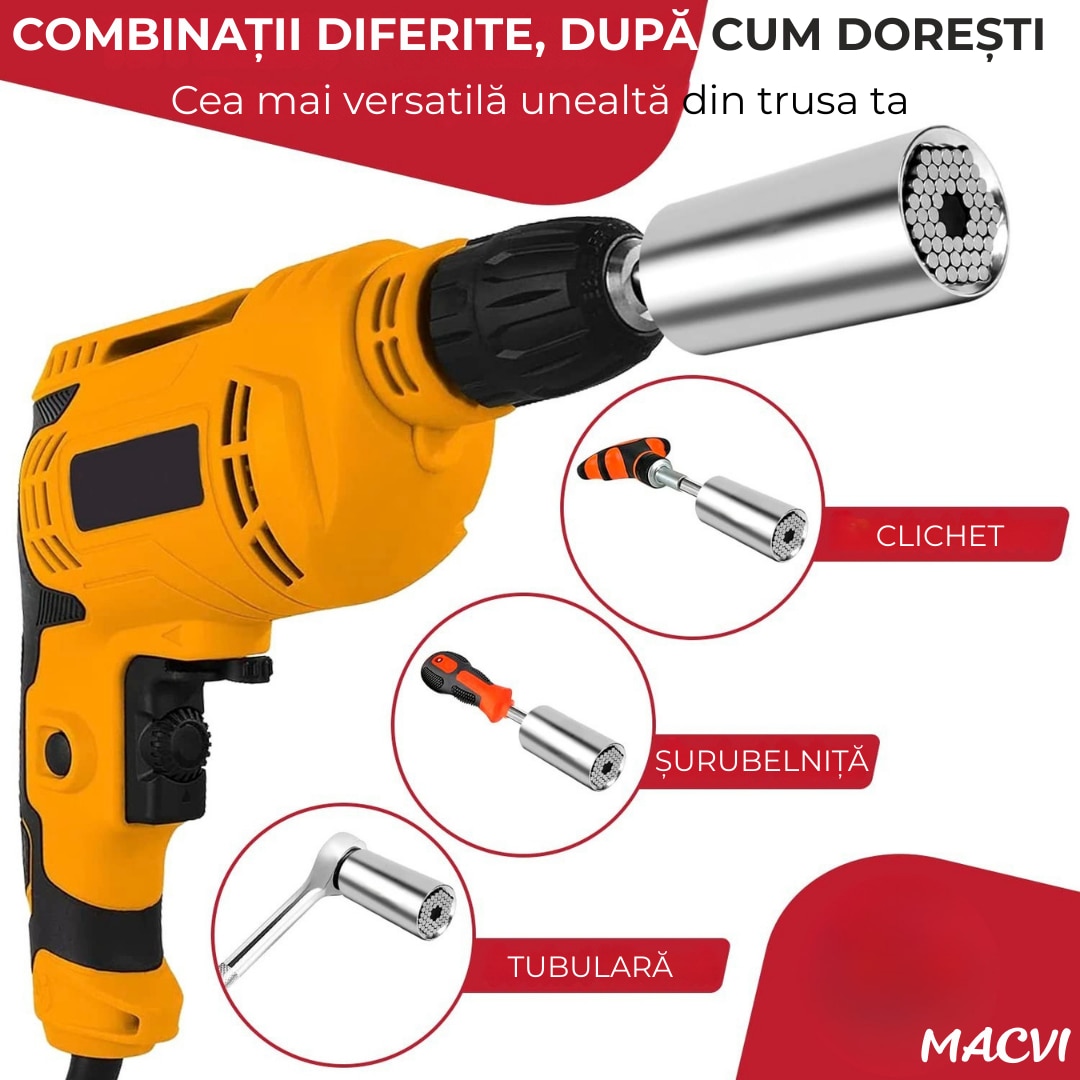 Adaptor cheie universala Macvi® 7-19 mm cu pini metalici ajustabili cap tubular multifunctional din otel aliat pentru bormasina si clichet, prindere ferma pe suruburi uzate