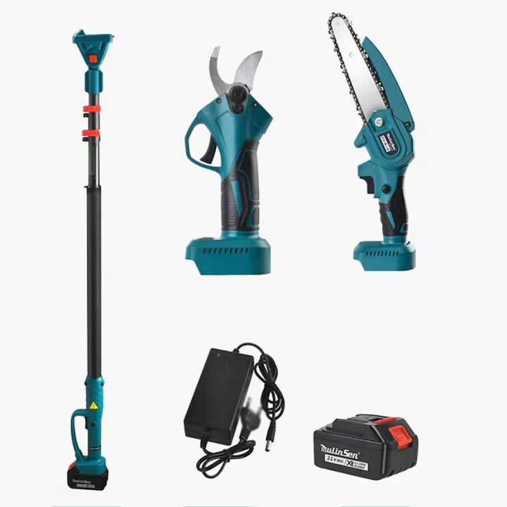 Set Macvi® Foarfeca Electrica si Drujba cu Brat Extensibil, Taiere Rapida si Usoara la Inaltime, Acumulator Inclus