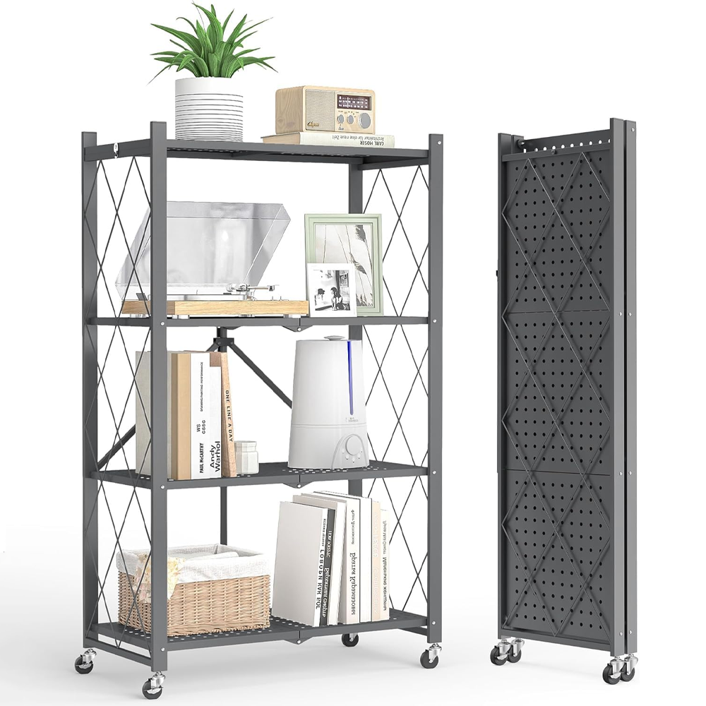 Raft universal, Teno, 4 polite, pliabil, pe roti, metal, negru, 119 cm