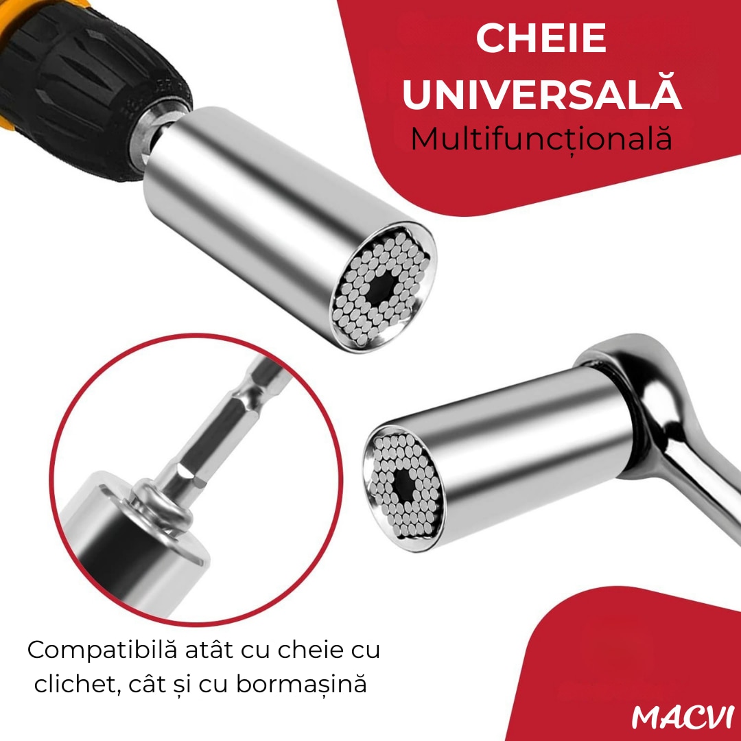 Adaptor cheie universala Macvi® 7-19 mm cu pini metalici ajustabili cap tubular multifunctional din otel aliat pentru bormasina si clichet, prindere ferma pe suruburi uzate