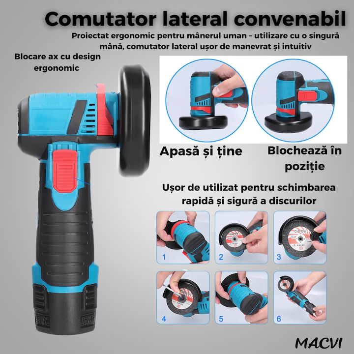 Polizor unghiular fara fir Macvi® 12V, 2 Acumulatori Li-Ion, Discuri pentru Metal, Incarcator Inclus, Mini Flex Portabil