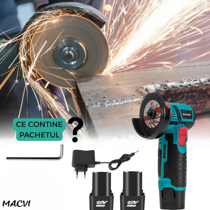 Polizor unghiular fara fir Macvi® 12V, 2 Acumulatori Li-Ion, Discuri pentru Metal, Incarcator Inclus, Mini Flex Portabil
