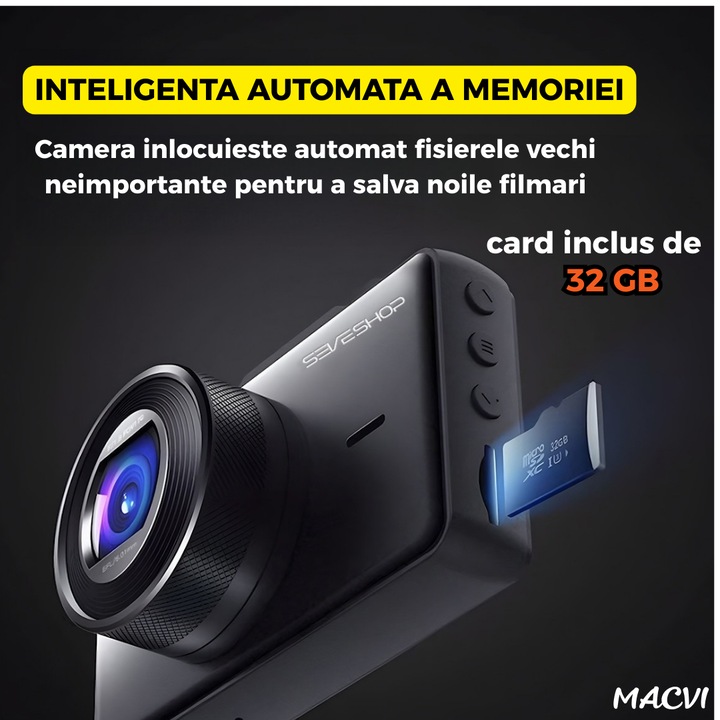 Camera Auto Macvi® DVR Full HD 1080P cu Ecran 2.7" Night Vision, Unghi Larg 140°, Card 32GB Inclus