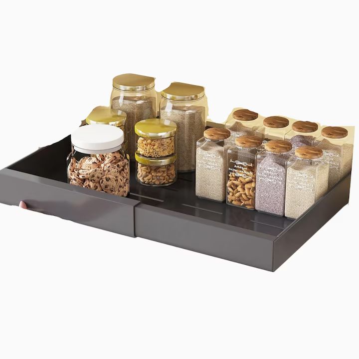 Organizator extensibil Macvi® pentru dulapuri, metal, sertar glisant, montare adeziva, capacitate mare, gri