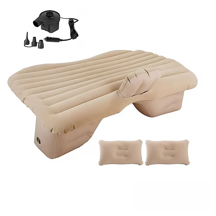 Saltea Gonflabila Auto Macvi® cu Perne si Suport de Echilibru, Ideala pentru Bancheta din Spate, Camping, Calatorii si Relaxare, Bej