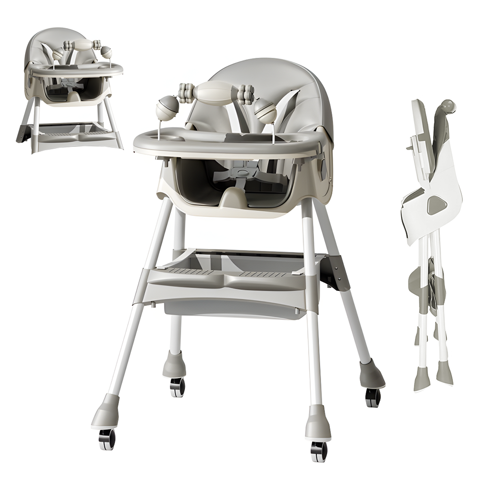 Scaun de Masa 3in1 pentru Bebelusi si Copii Teno®, centura de siguranta in 5 puncte, tavita reglabila si detasabila, loc depozitare jucarii, gri deschis