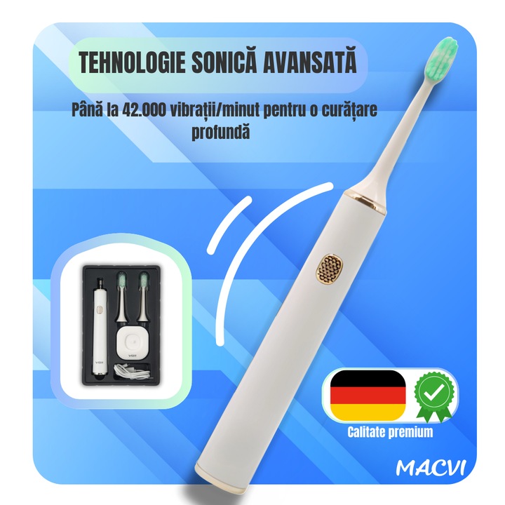 Periuta de dinti electrica Macvi® V-809, rezistenta la apa IPX7, suspensie magnetica, 3 moduri, Alb