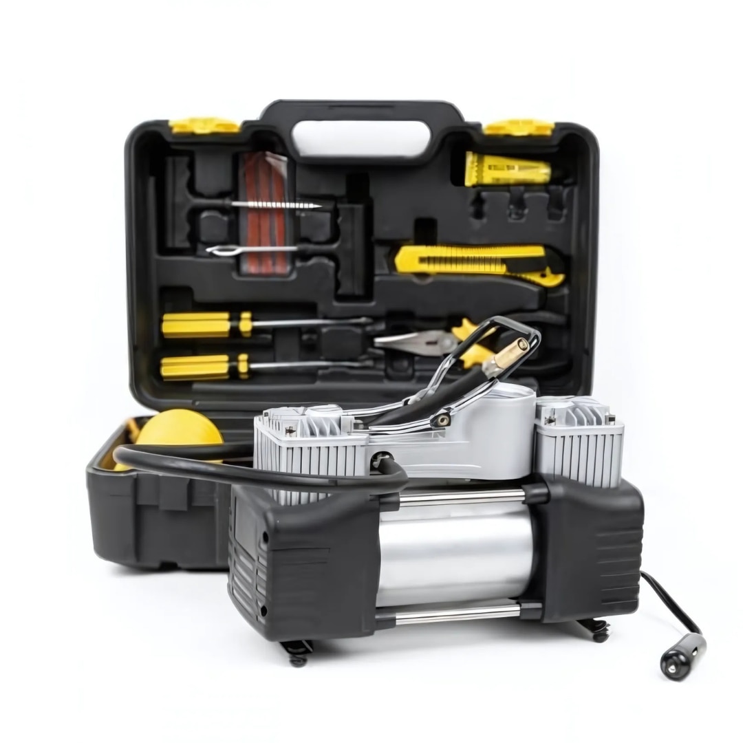Compresor auto Macvi® 12V cu 2 cilindri, furtun 5 m, kit pana si unelte incluse