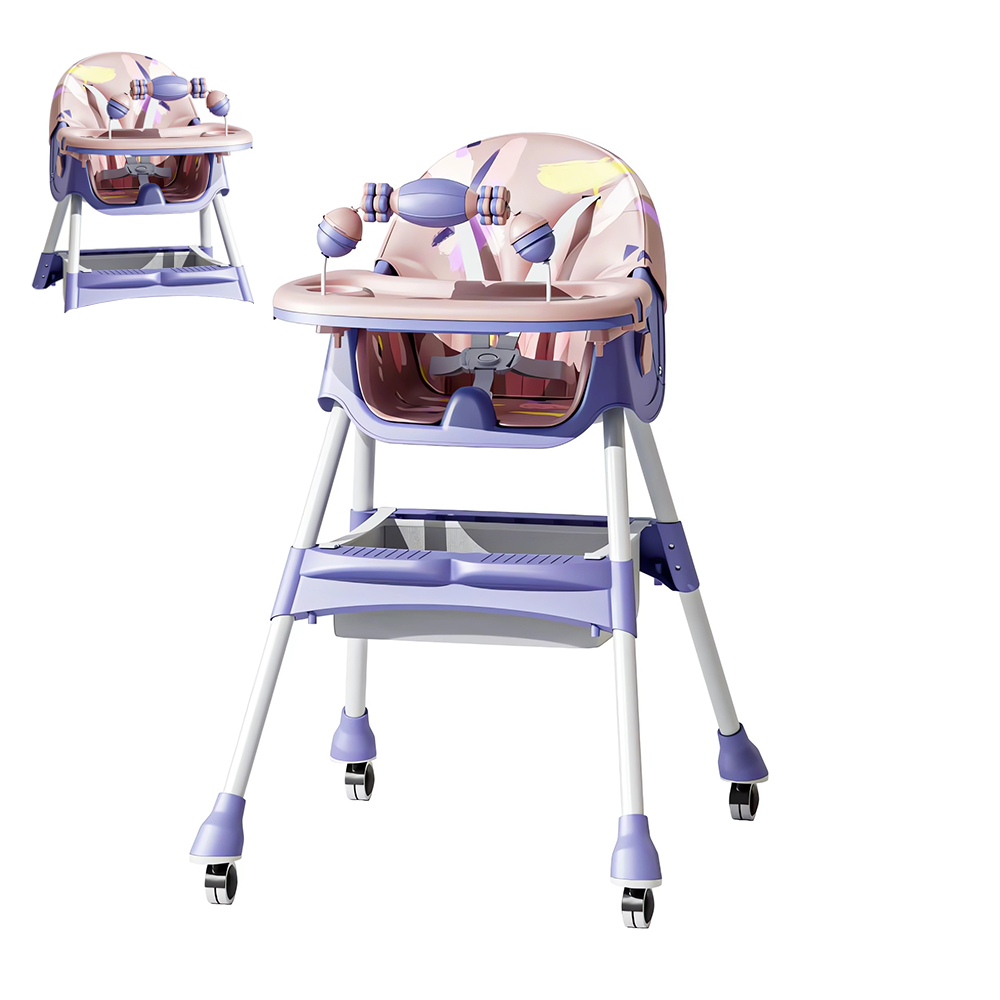 Scaun de Masa 3in1 pentru Bebelusi si Copii Teno®, centura de siguranta in 5 puncte, tavita reglabila si detasabila, loc depozitare jucarii, roz/mov