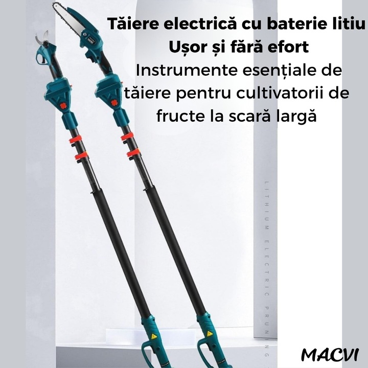 Set Macvi® Foarfeca Electrica si Drujba cu Brat Extensibil, Taiere Rapida si Usoara la Inaltime, Acumulator Inclus
