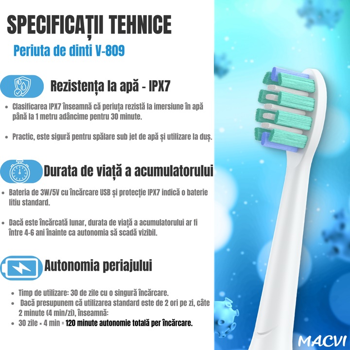 Periuta de dinti electrica Macvi® V-809, rezistenta la apa IPX7, suspensie magnetica, 3 moduri, Alb