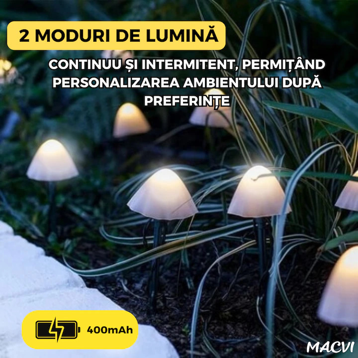 Set 10 lumini solare de gradina Macvi®, LED, alb cald, 5m, rezistente la apa, design tip ciuperci
