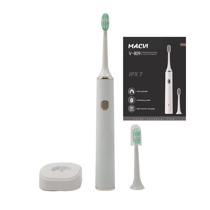 Periuta de dinti electrica Macvi® V-809, rezistenta la apa IPX7, suspensie magnetica, 3 moduri, Alb