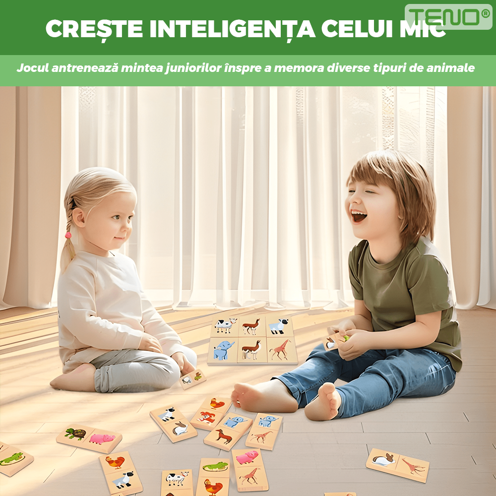 Joc Educativ de Asociere Teno®, 24 piese, din lemn, cu animale, modele distractive, culori non-toxice, materiale sigure, multicolor