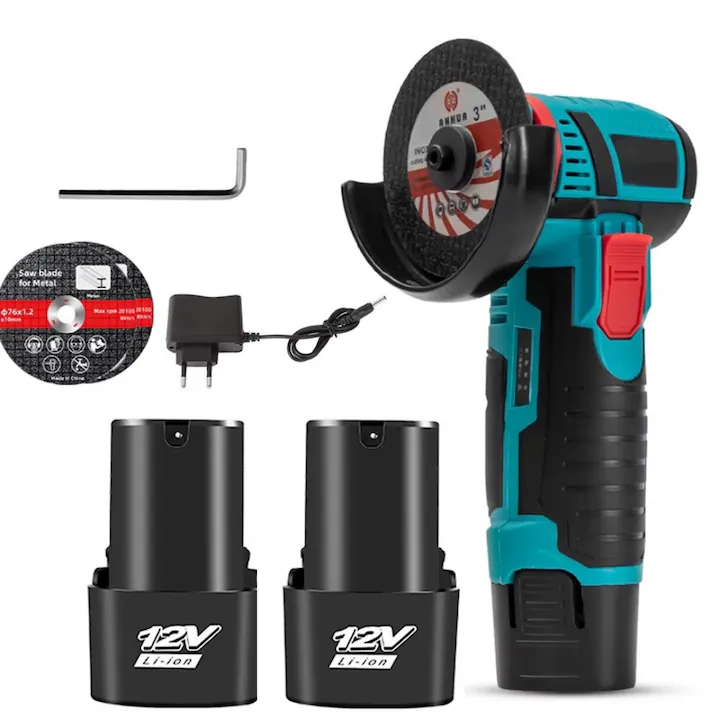 Polizor unghiular fara fir Macvi® 12V, 2 Acumulatori Li-Ion, Discuri pentru Metal, Incarcator Inclus, Mini Flex Portabil