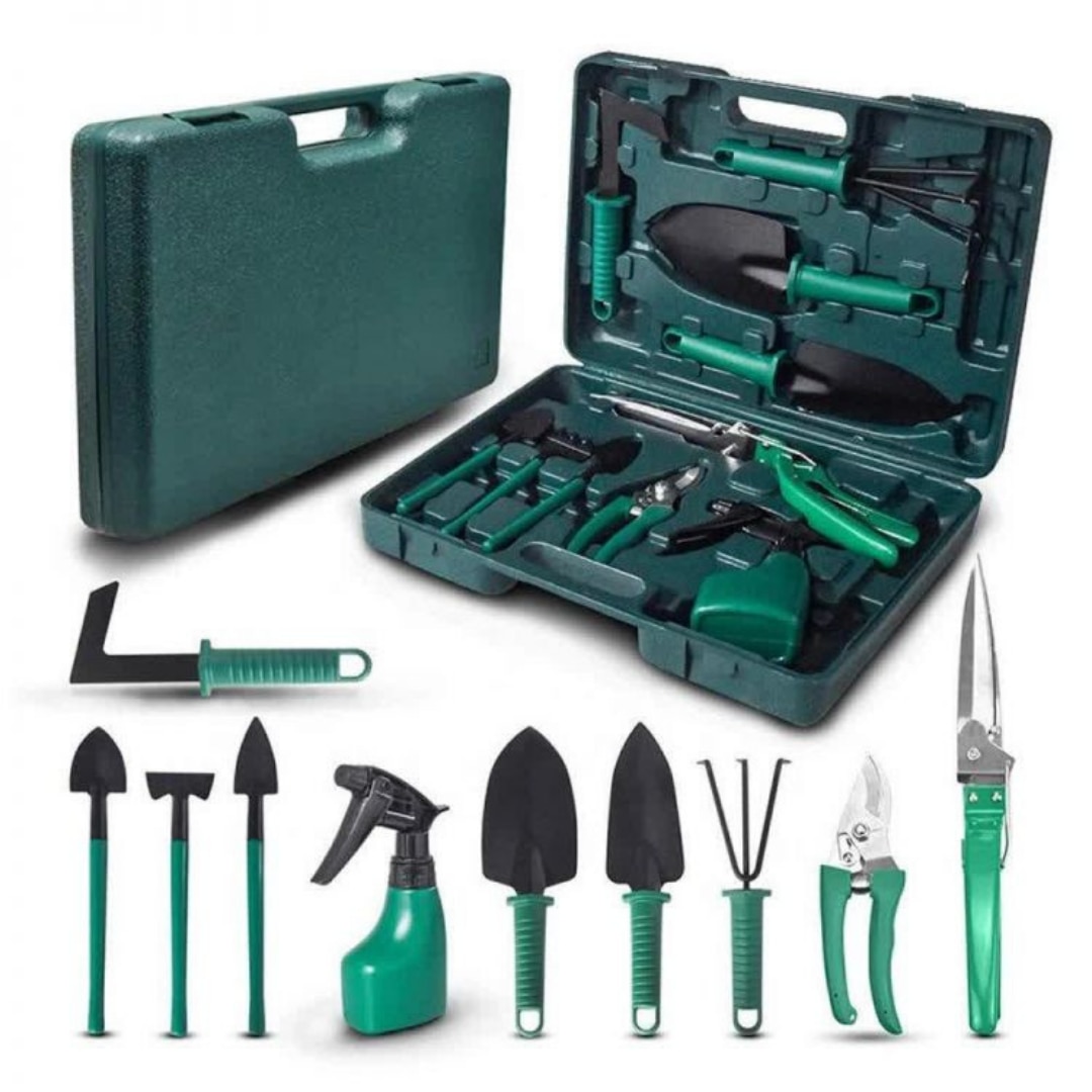 Set accesorii gradinarit Macvi® 10 piese, unelte din inox si plastic, foarfeca, lopata, pulverizator, geanta inclusa