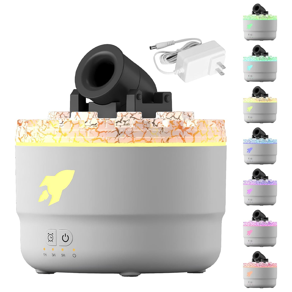 Difuzor Aromaterapie Teno®, forma de tun, 7 culori LED, lumini dinamice, control tactil, capacitate 300ml, silentios, rezerva inclusa, umidifica aerul, alb